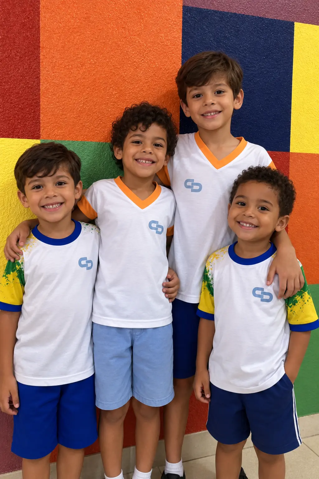 Alunos do Colégio Único abraçados e sorrindo diante de uma parede colorida