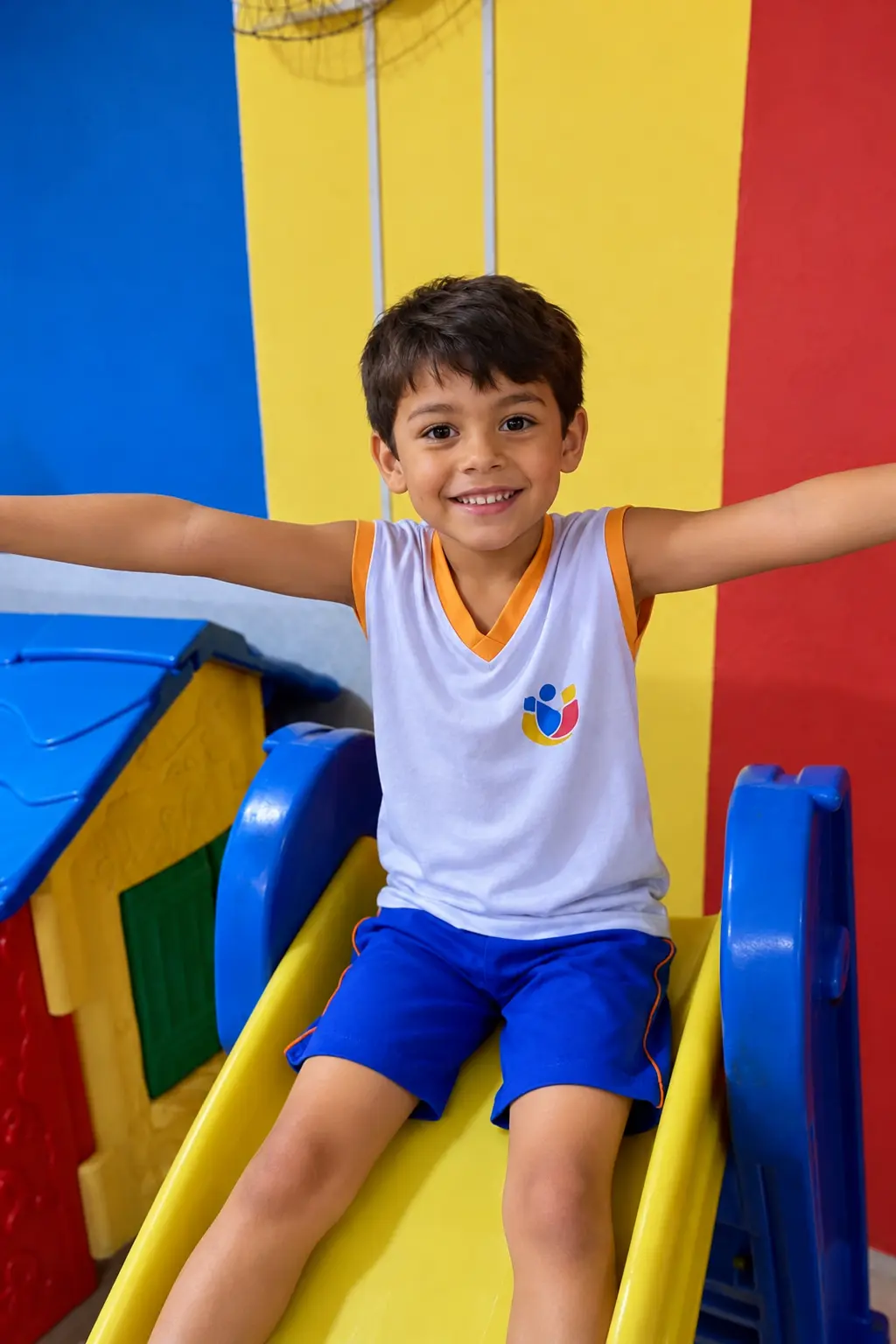 Aluno sorridente no escorregador do parquinho